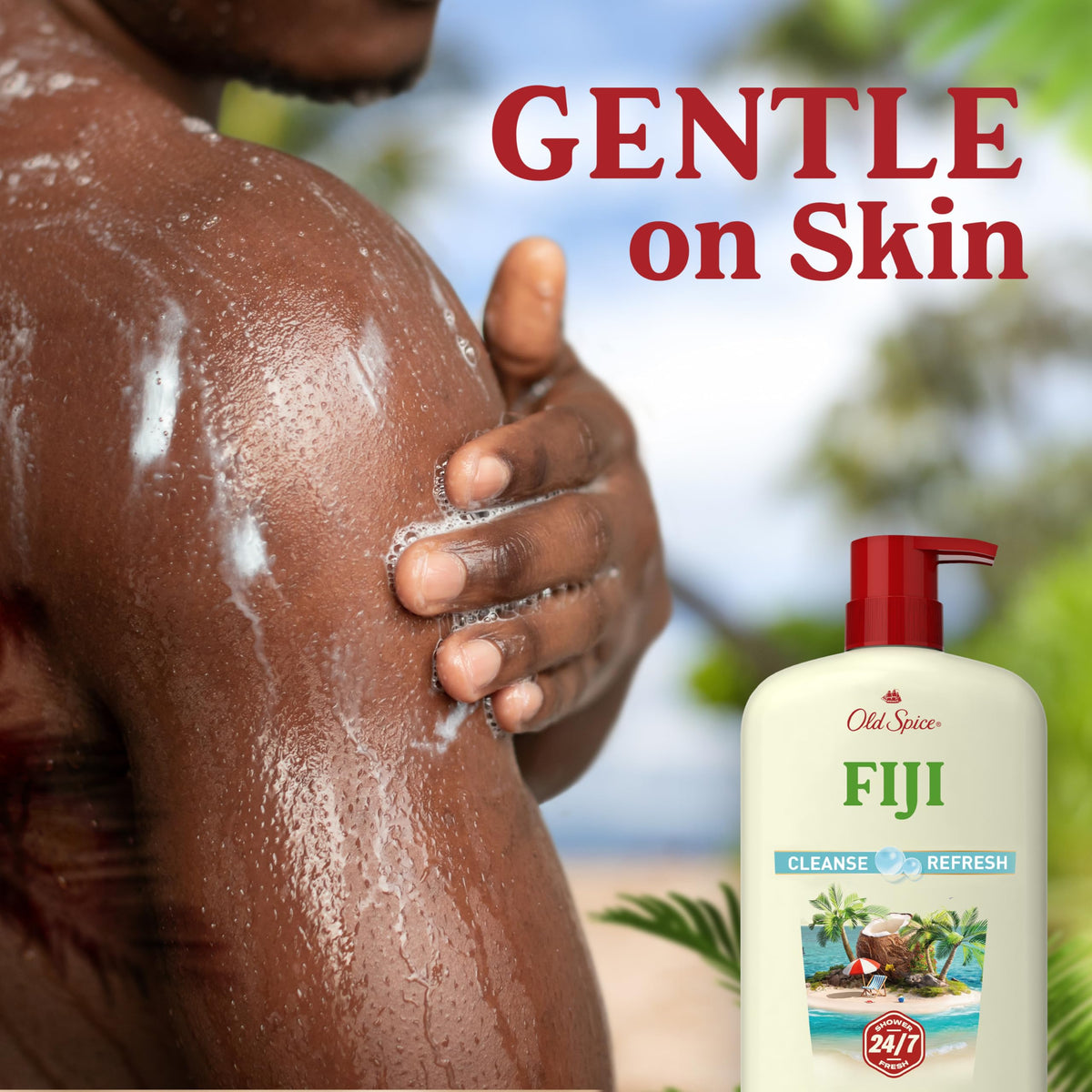 Old Spice Fiji bottle in shower setting illustrating practical use and refreshing scent