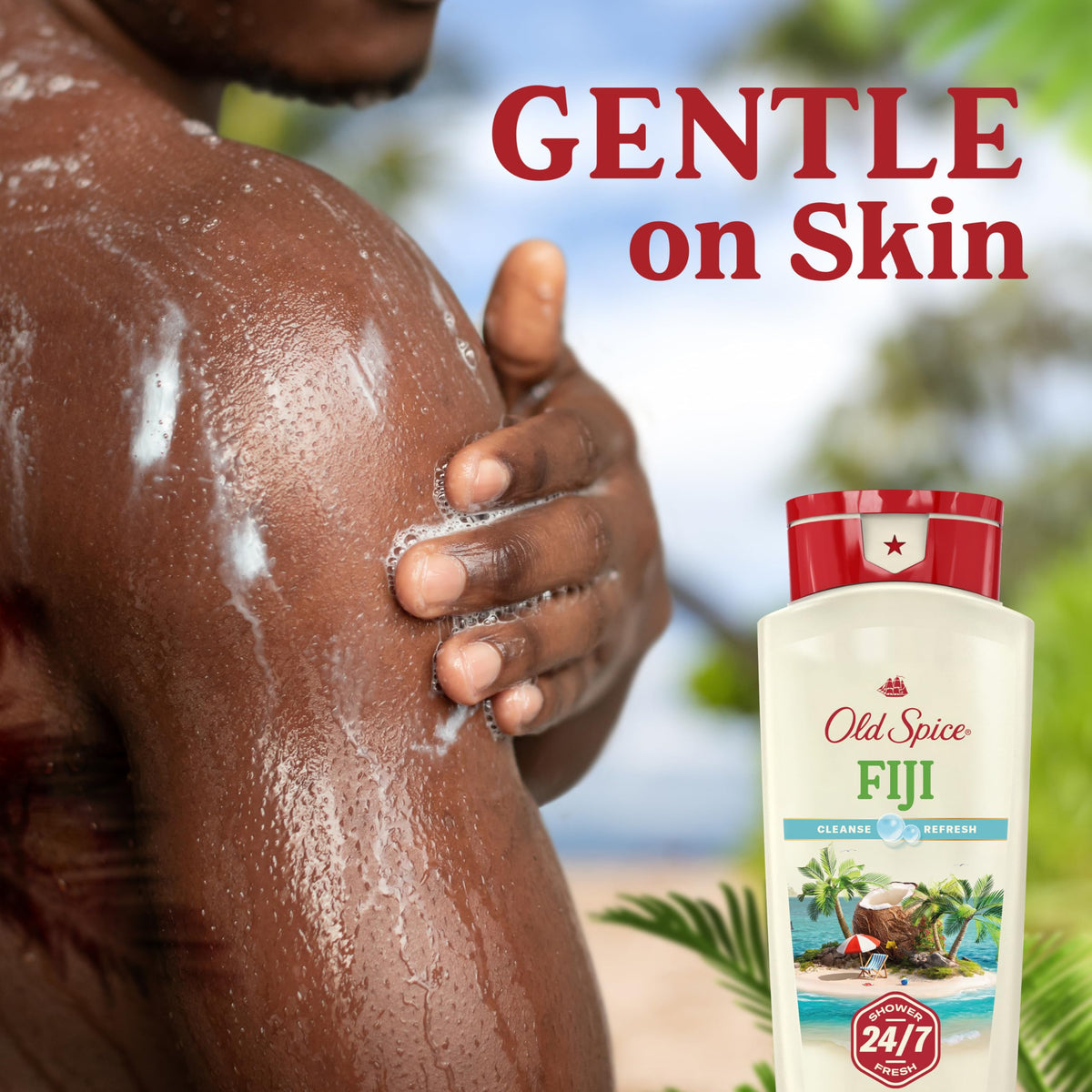Old Spice label detail showing Fiji scent and gentle skin ingredients