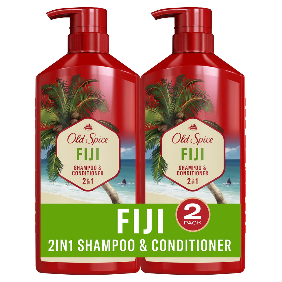Old Spice front packaging showing Fiji twin pack and clear branding benefit convenience