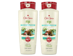 Old Spice Fiji front packaging showing dual 16-ounce bottles and tropical branding benefits quick refill