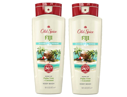 Old Spice Fiji front packaging showing dual 16-ounce bottles and tropical branding benefits quick refill