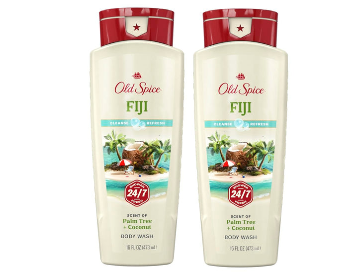 Old Spice Fiji front packaging showing dual 16-ounce bottles and tropical branding benefits quick refill