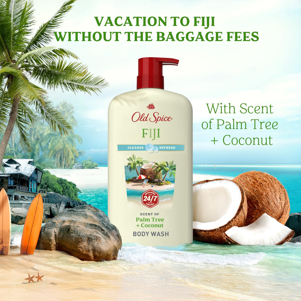 Old Spice Fiji lifestyle beach towel scene evoking tropical scent and fresh confidence