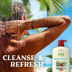 Old Spice Fiji pump and cap close-up highlighting easy dispensing and leak resistance