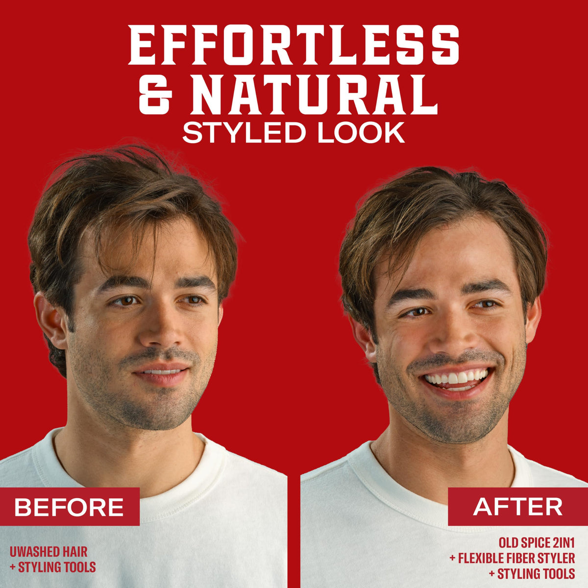 Old Spice styled hair before and after illustrating natural movement