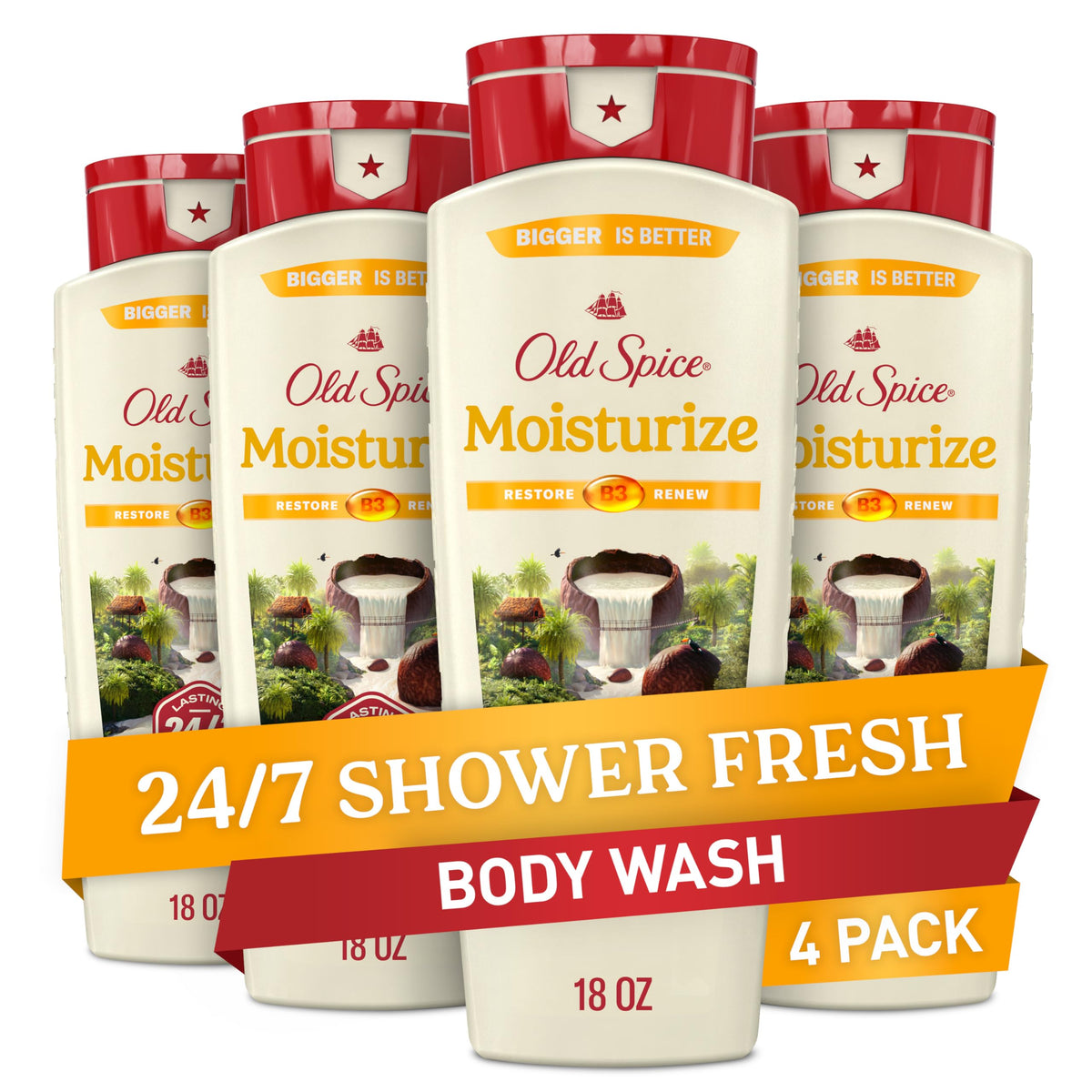 Old Spice front bottle showing Moisturize with Shea Butter scent and lasting freshness