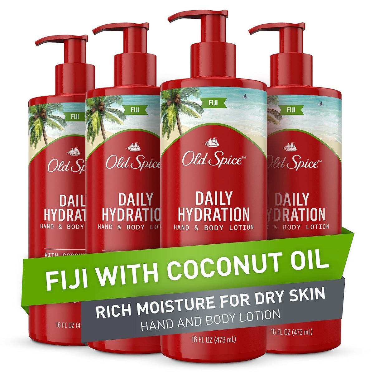 Old Spice front packaging showing Fiji coconut lotion and benefit of all-day hydration