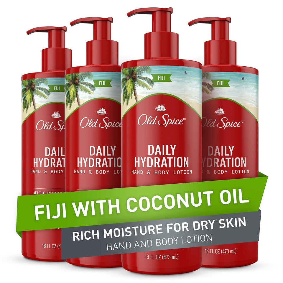 Old Spice front packaging showing Fiji coconut lotion and benefit of all-day hydration