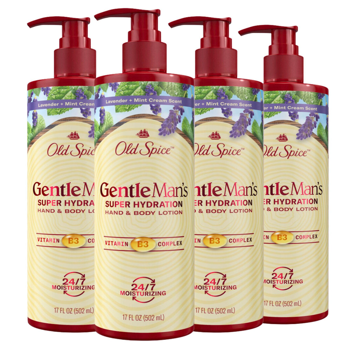 Old Spice front packaging showing 4-pack and hydration benefit