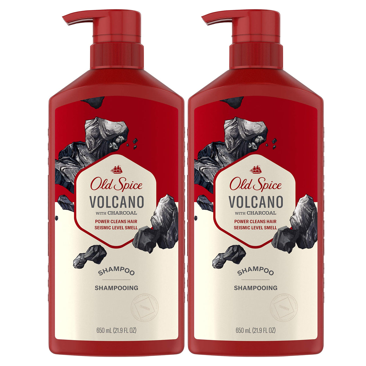 Old Spice front packaging showing volcano charcoal scent and clear benefits