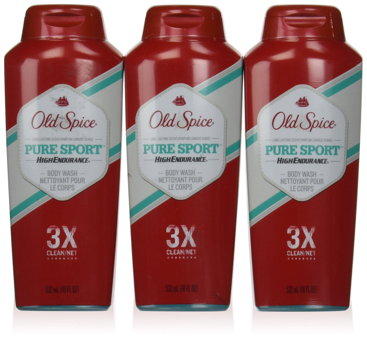 Old Spice front packaging showing three 18oz bottles and clear branding for easy storage