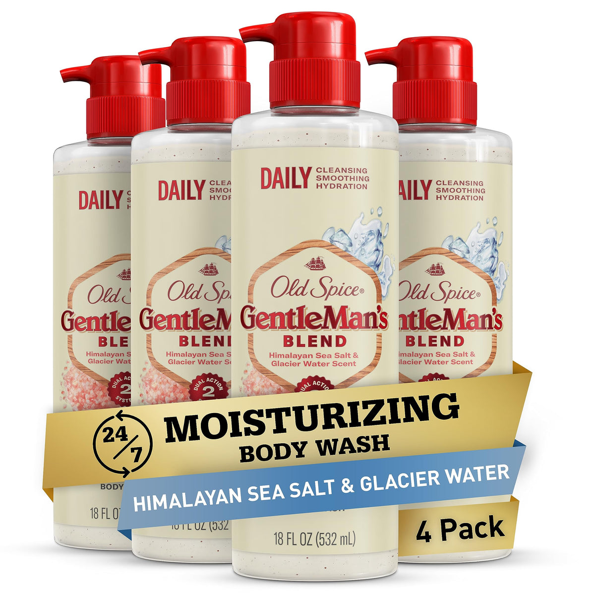 Old Spice front packaging showing 18 oz bottle and long-lasting fresh scent benefit
