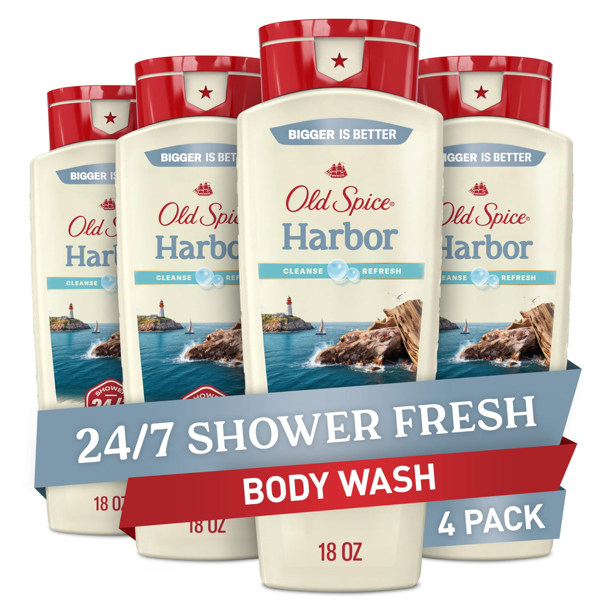 Old Spice front packaging shows Harbor bottle for easy identification and shelf appeal