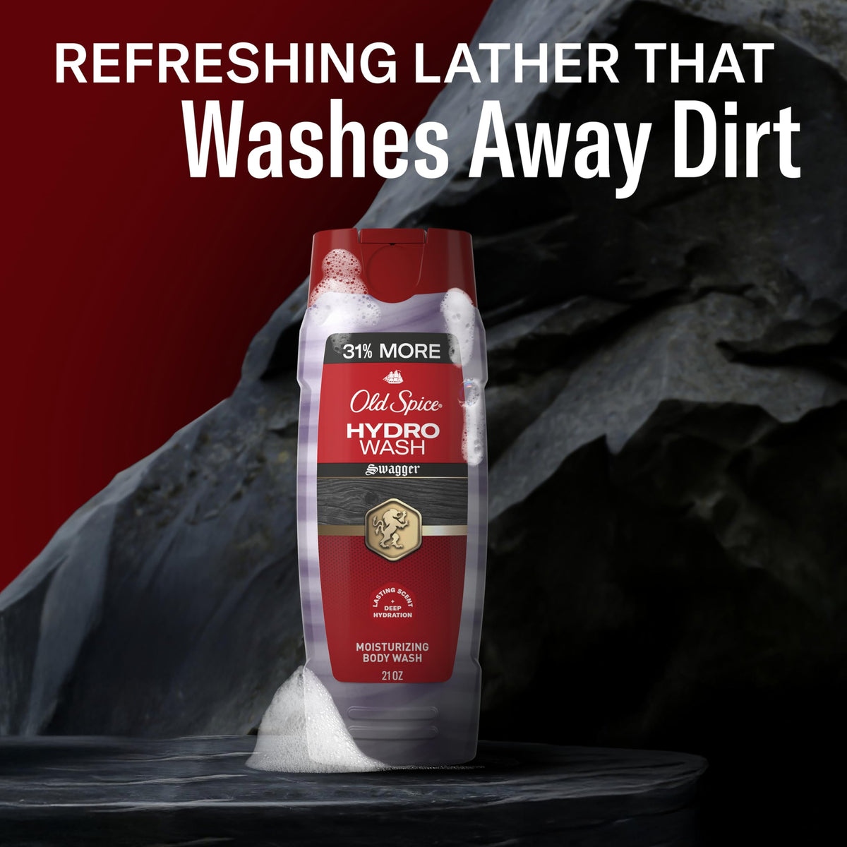 Old Spice Hydro Wash next to a ruler showing 21 oz size for value and longevity