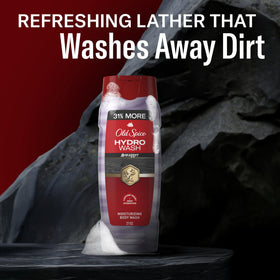 Old Spice Hydro Wash next to a ruler showing 21 oz size for value and longevity