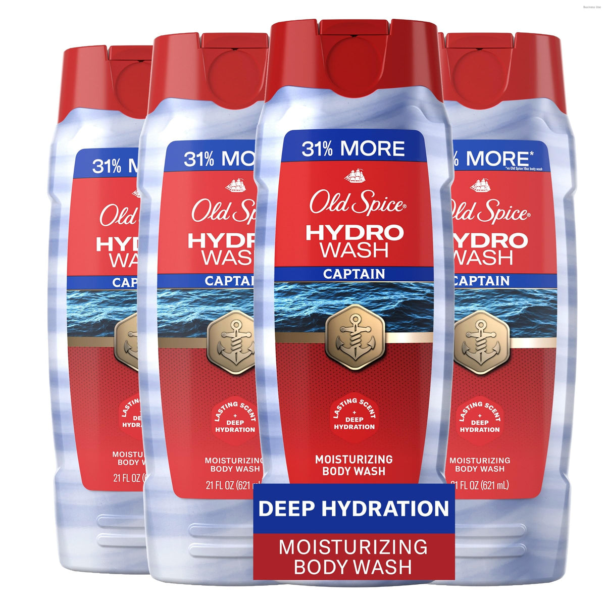 old spice front packaging showing Hydro Wash bottle and bold Captain scent