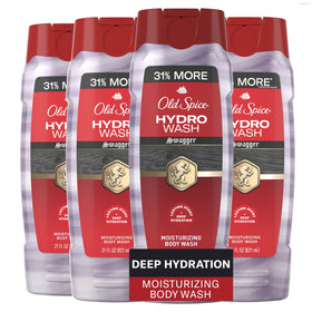 Old Spice Hydro Wash front packaging showing bold bottle and Swagger scent benefit