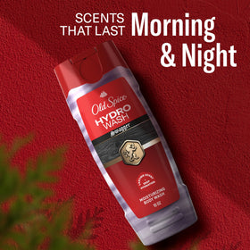 Old Spice Hydro Wash lifestyle grooming setup with bottle among toiletries for routine convenience