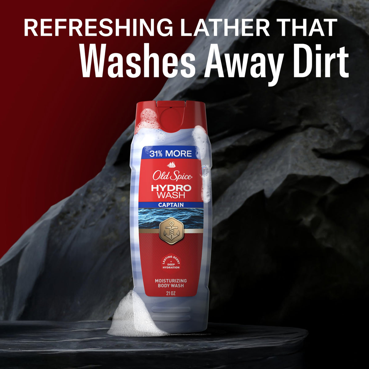 old spice pouring Hydro Wash onto hand to show application and lathering