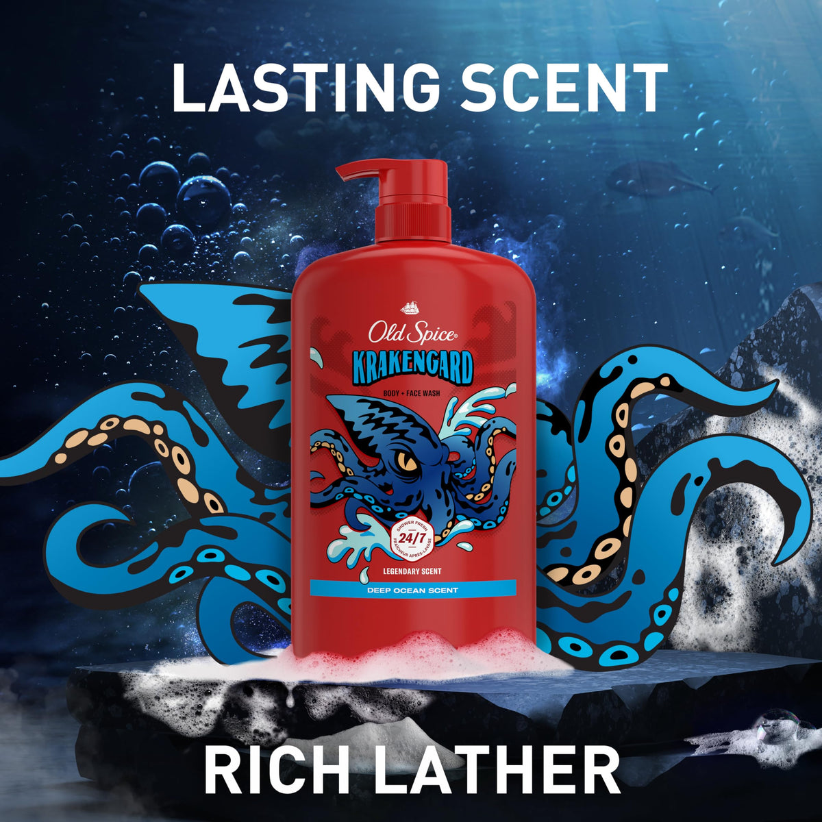 old spice Krakengard four-bottle multipack displayed for value