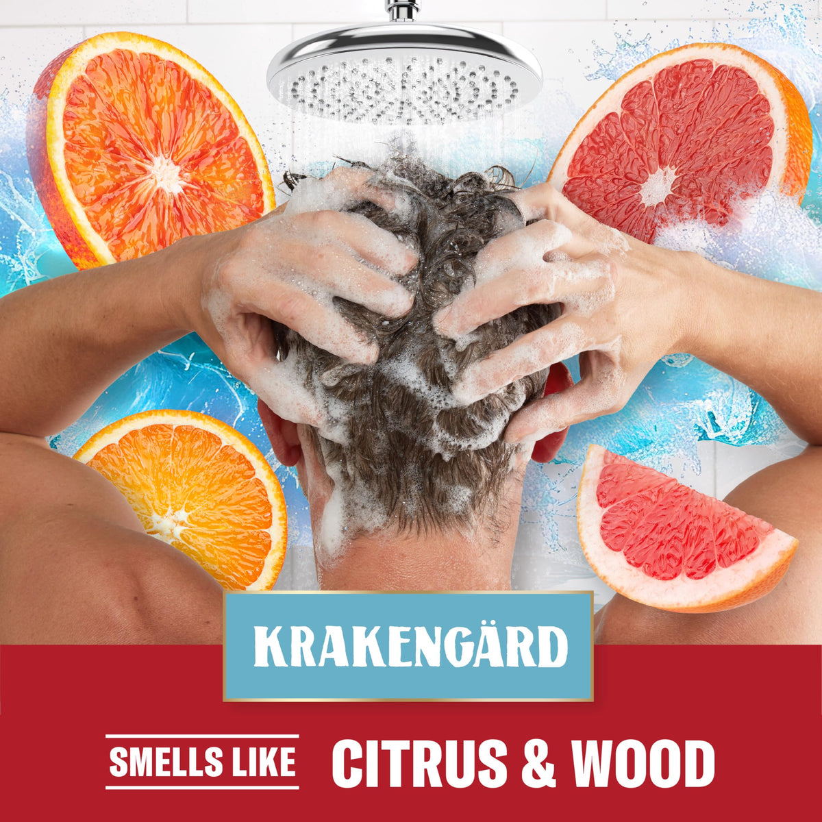 Old Spice Krakengard next to hand for scale showing convenient 13.5 fl oz size benefit