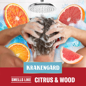 Old Spice Krakengard next to hand for scale showing convenient 13.5 fl oz size benefit