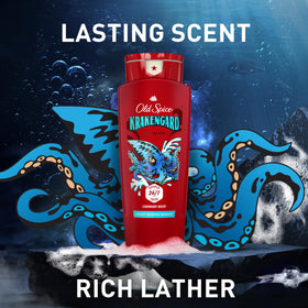 Old Spice Krakengard creamy wash texture on palm showing lather quality and quick rinse