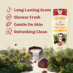 Old Spice clear label close-up showing fragrance notes and ingredient highlights