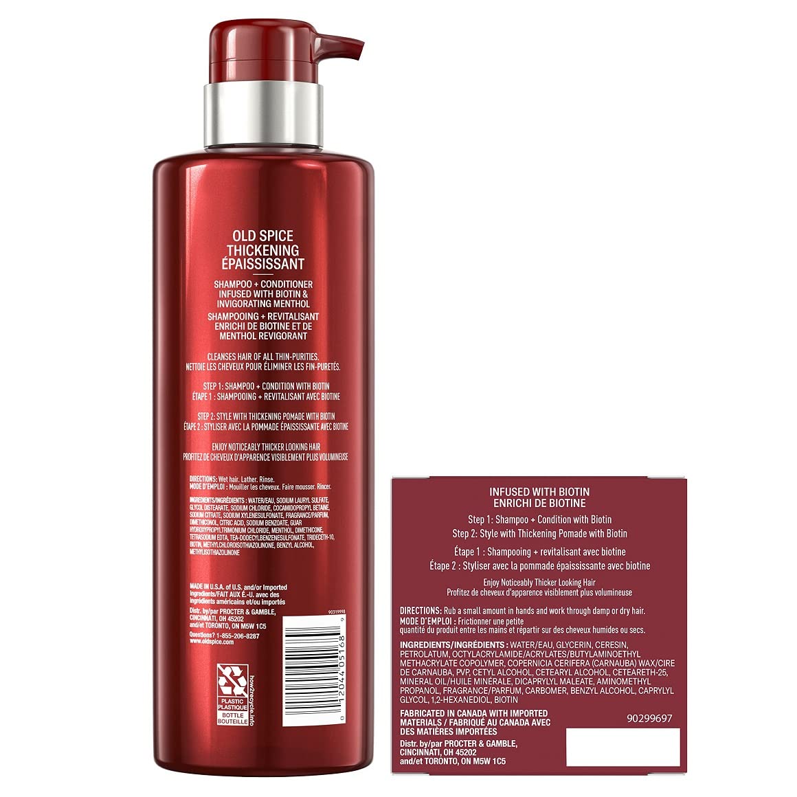 Old Spice products in shower and styled hair demonstrating fuller-looking results