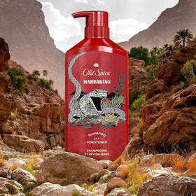 Old Spice MambaKing on bathroom shelf in lifestyle scene conveying barbershop-inspired grooming confidence