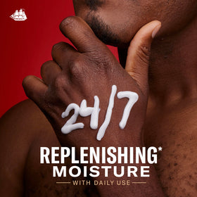 Old Spice man applying lotion after shower demonstrating easy use and smooth skin