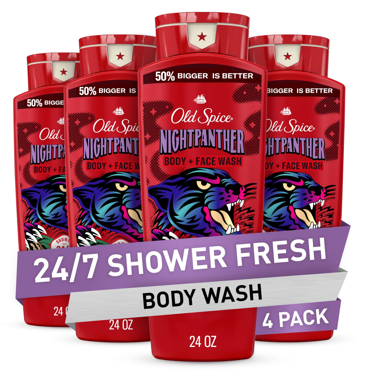 Old Spice NightPanther front packaging showing 24 oz bottle and label benefits