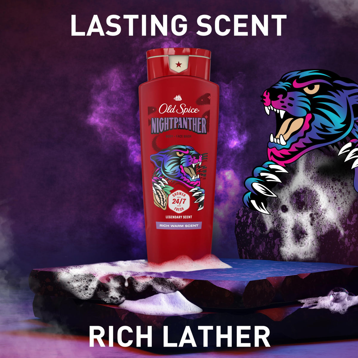 Old Spice NightPanther scent notes visual with chocolate and vanilla garnish