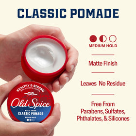 Old Spice pomade label close-up displaying Vitamin E and Biotin ingredients