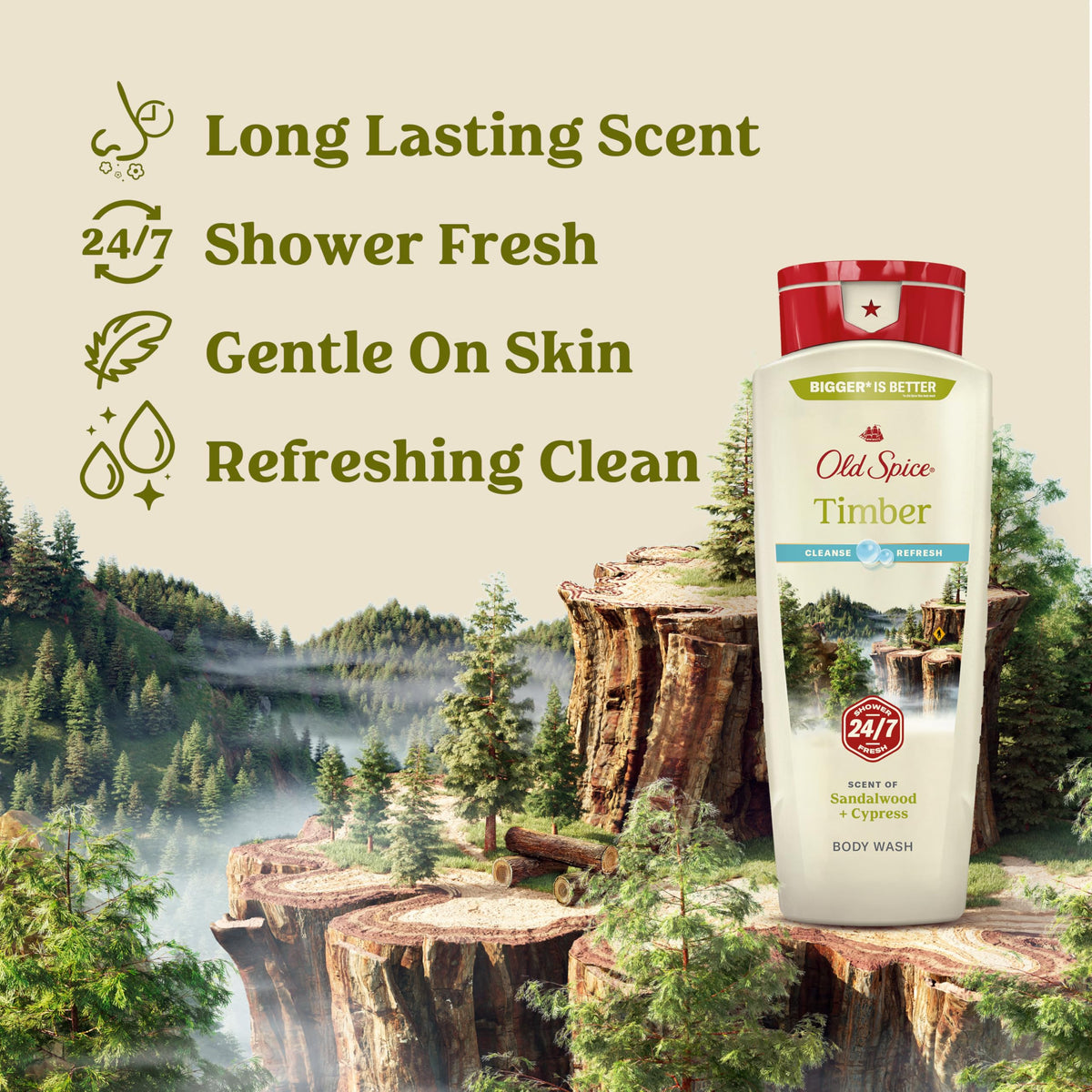 Old Spice pump dispensing body wash highlighting easy application and controlled amount