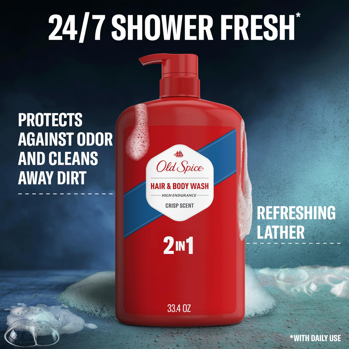 Old Spice pump dispensing frothy lather for easy face and body cleansing