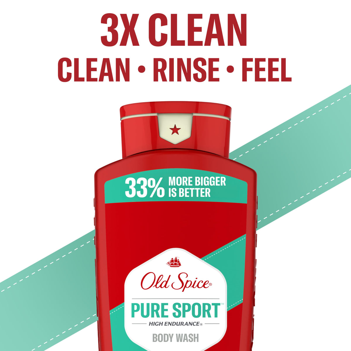 Old Spice Pure Sport bottle next to a hand to show the 24 oz size and travel practicality
