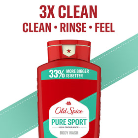 Old Spice Pure Sport bottle next to a hand to show the 24 oz size and travel practicality