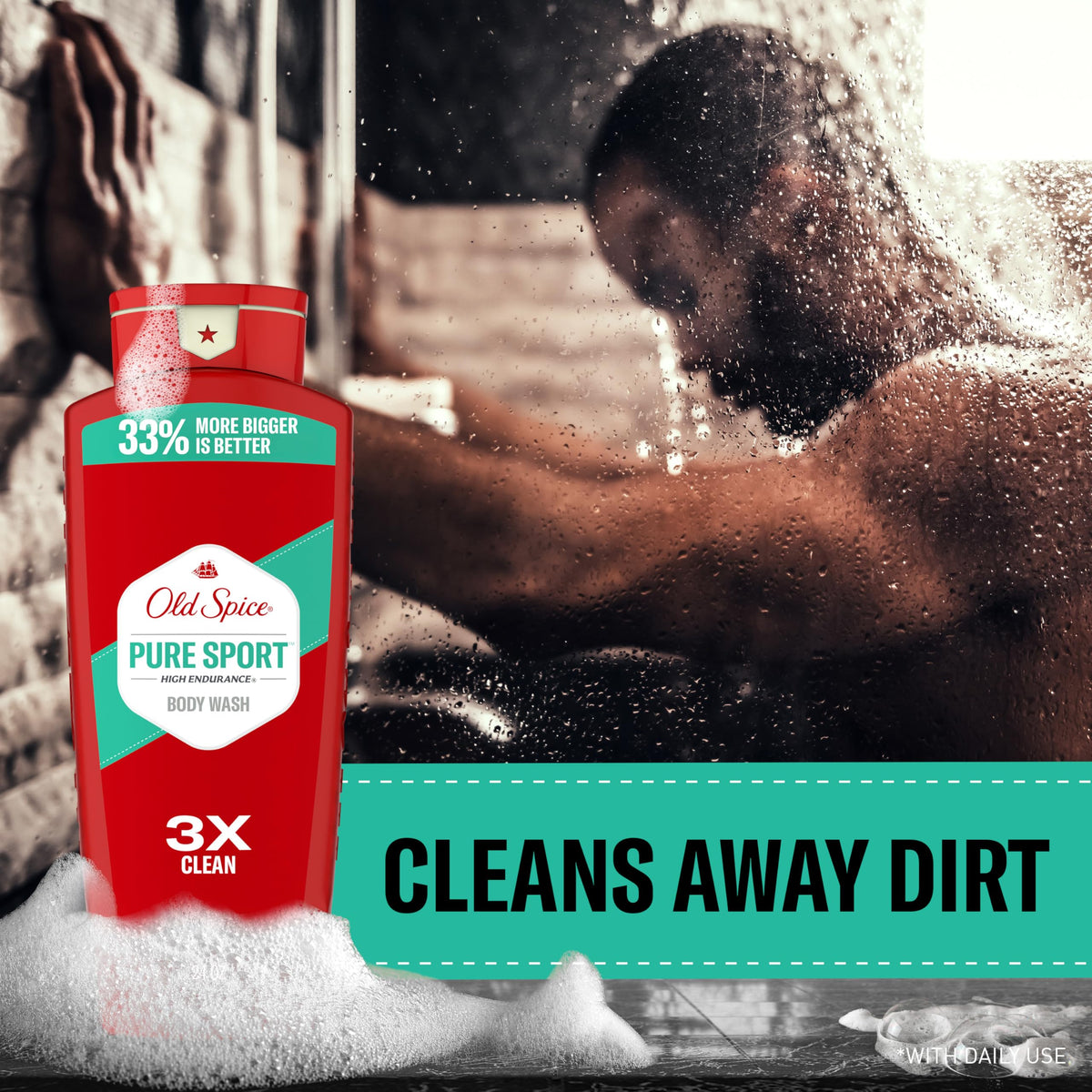 Old Spice Pure Sport rich lather on loofah demonstrating effective cleansing foam