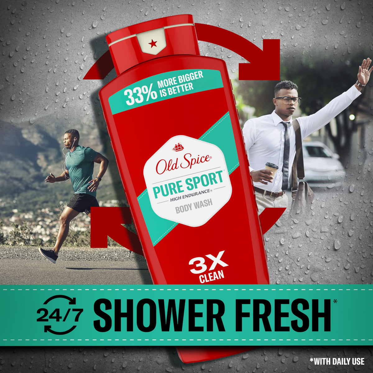 Old Spice Pure Sport pump and cap close-up highlighting convenient dispenser for quick showers