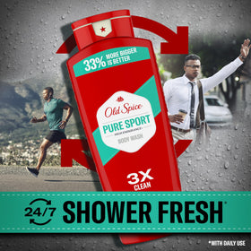 Old Spice Pure Sport pump and cap close-up highlighting convenient dispenser for quick showers