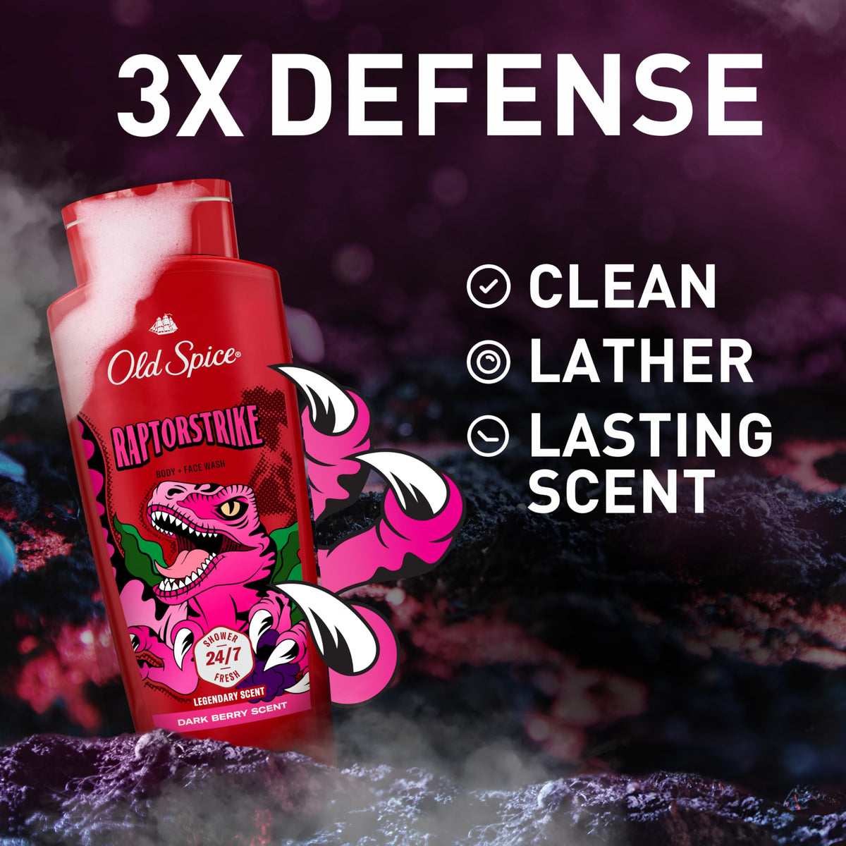 Old Spice Raptorstrike close-up label highlighting 3X Defense benefits