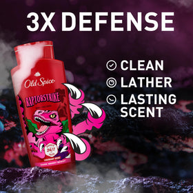 Old Spice Raptorstrike close-up label highlighting 3X Defense benefits