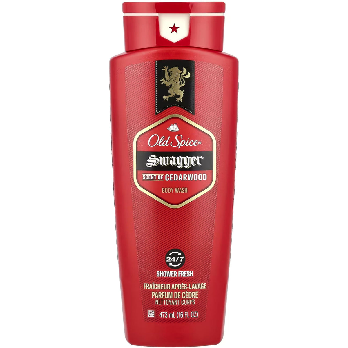 Old Spice bottle front packaging showing swagger cedarwood scent benefit