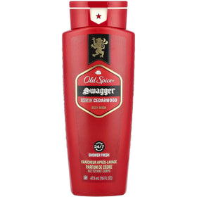 Old Spice bottle front packaging showing swagger cedarwood scent benefit