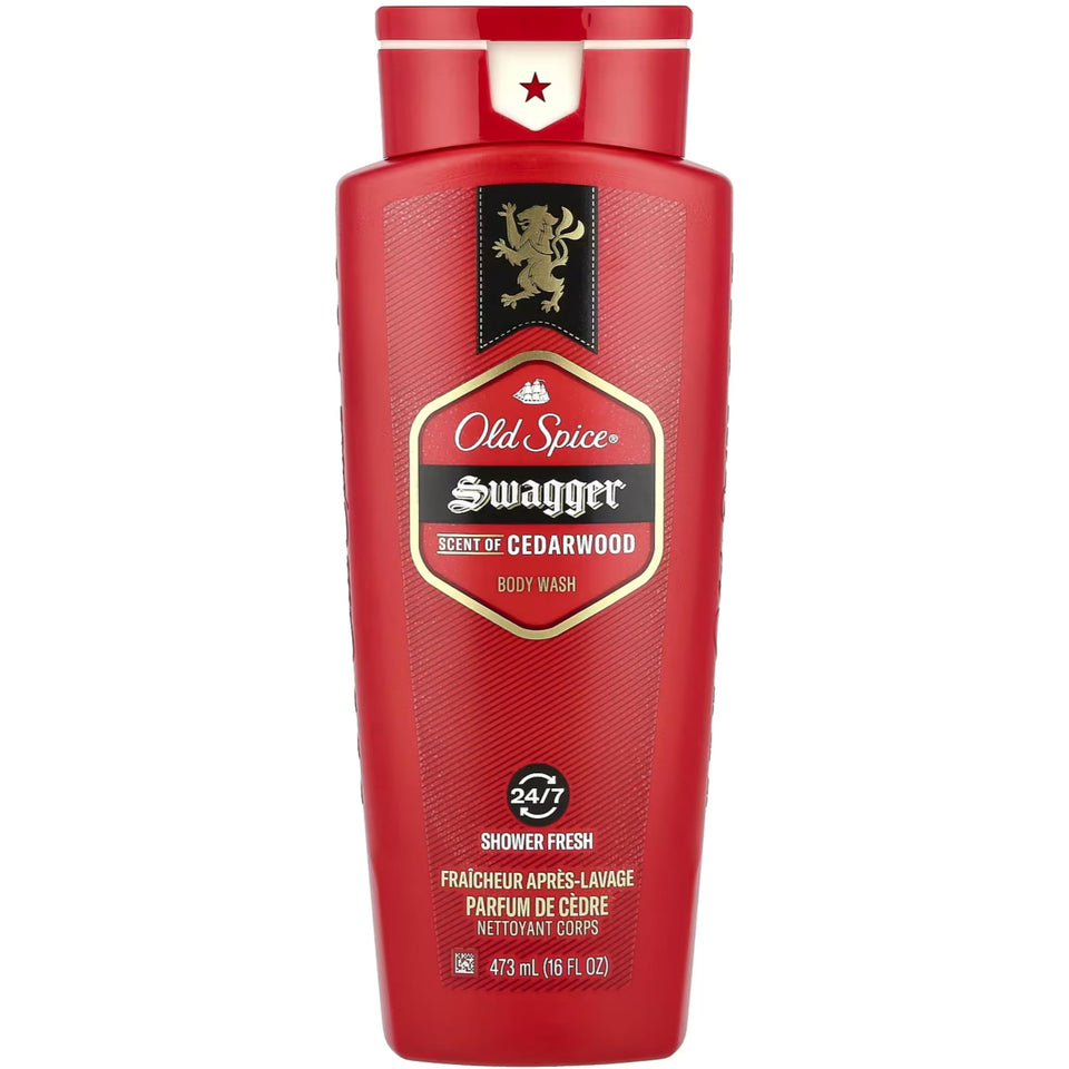 Old Spice bottle front packaging showing swagger cedarwood scent benefit
