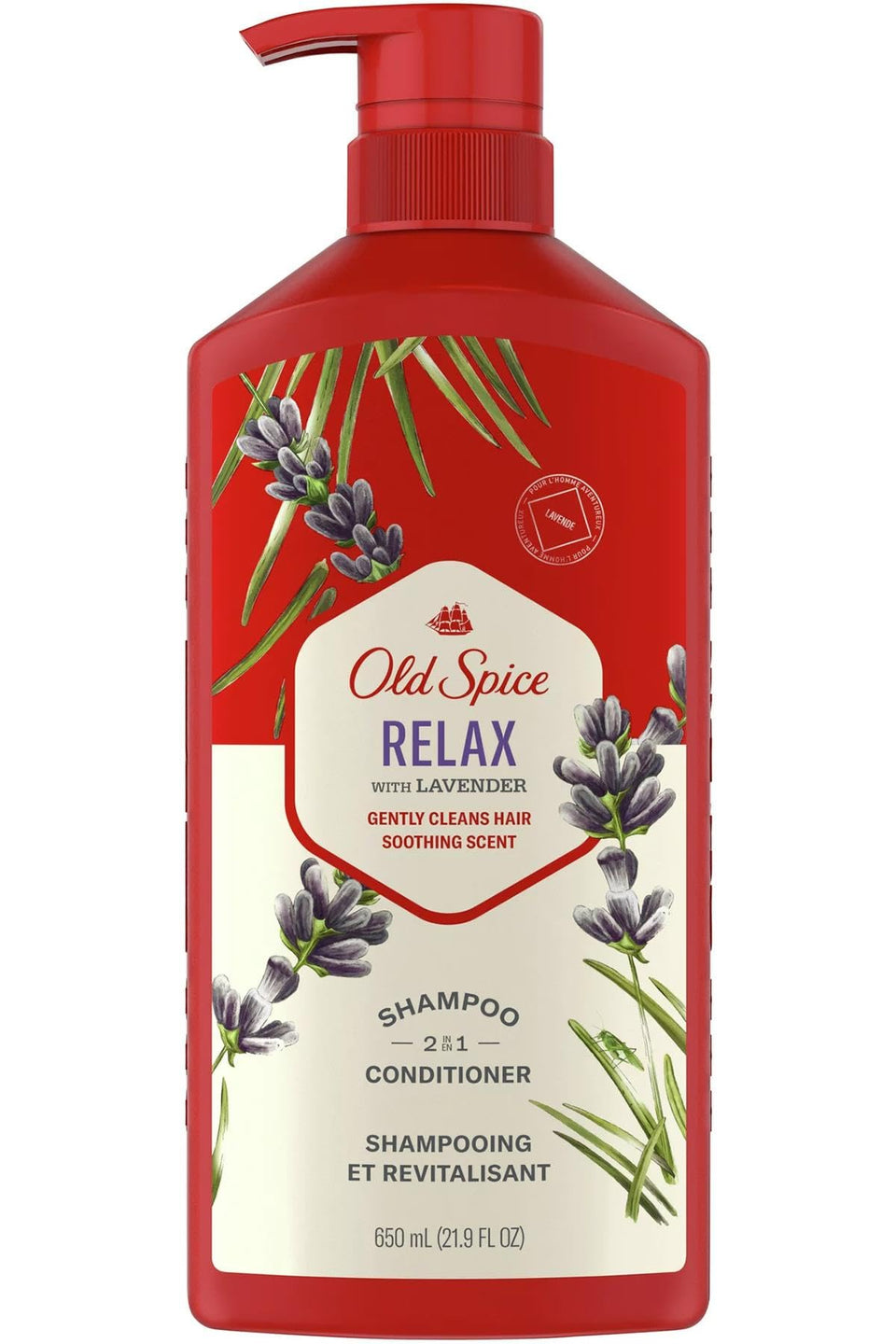 Old Spice pump bottle front view showing label and 21.9 oz size benefit