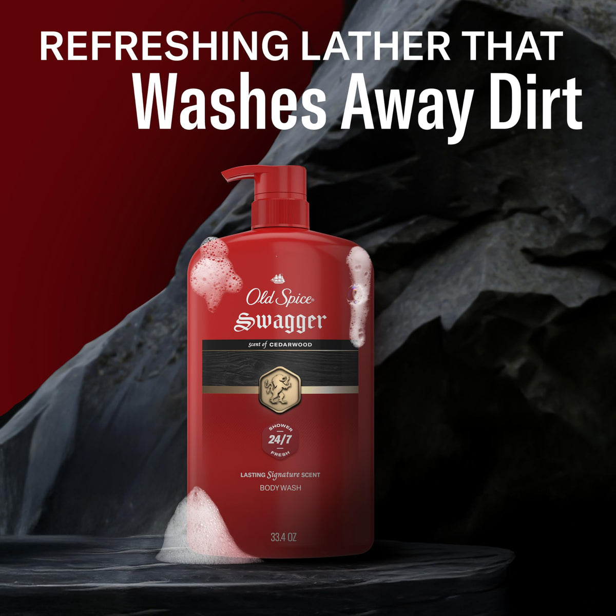 Old Spice Swagger flip-top cap and pouring gel displaying easy dispensing for quick showers
