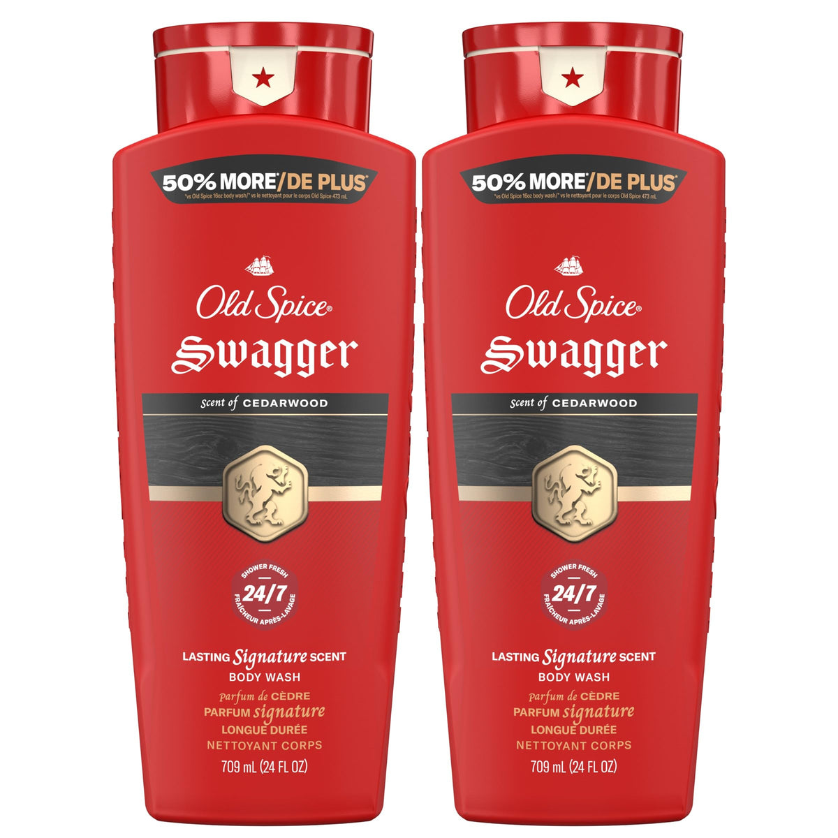 Old Spice bottle front packaging showing Swagger Cedarwood scent and bold label benefit