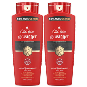Old Spice bottle front packaging showing Swagger Cedarwood scent and bold label benefit
